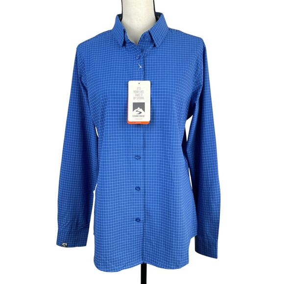 Storm Creek Tops - Storm Creek Women's Shirt Large Blue Check 4-Way Stretch Button Down Long Sleeve
